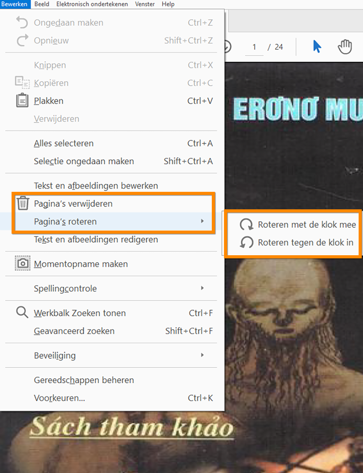 Bewerken > Pagina's verwijderen of Pagina's roteren