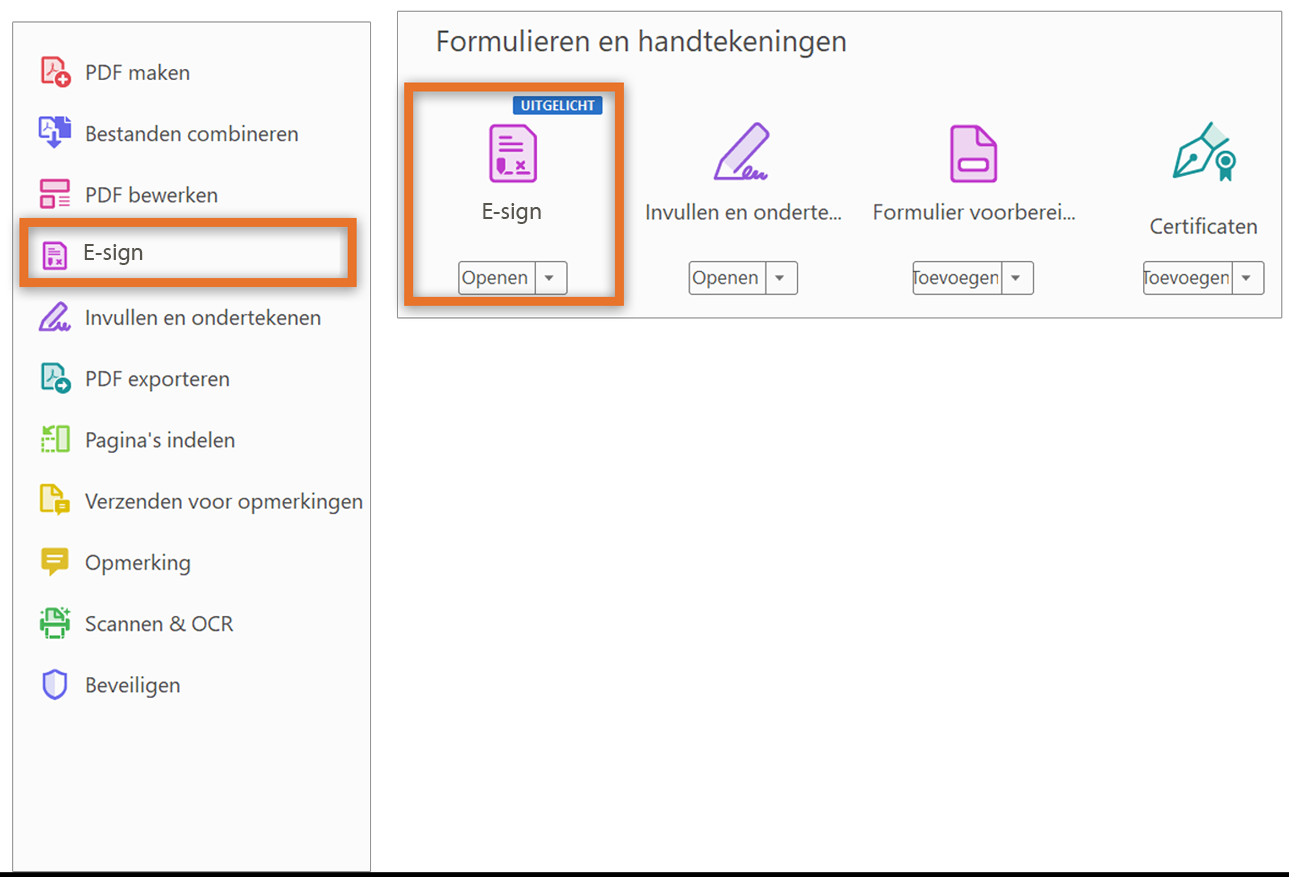 De tool E-sign in het rechterdeelvenster en Acrobat > Gereedschappen