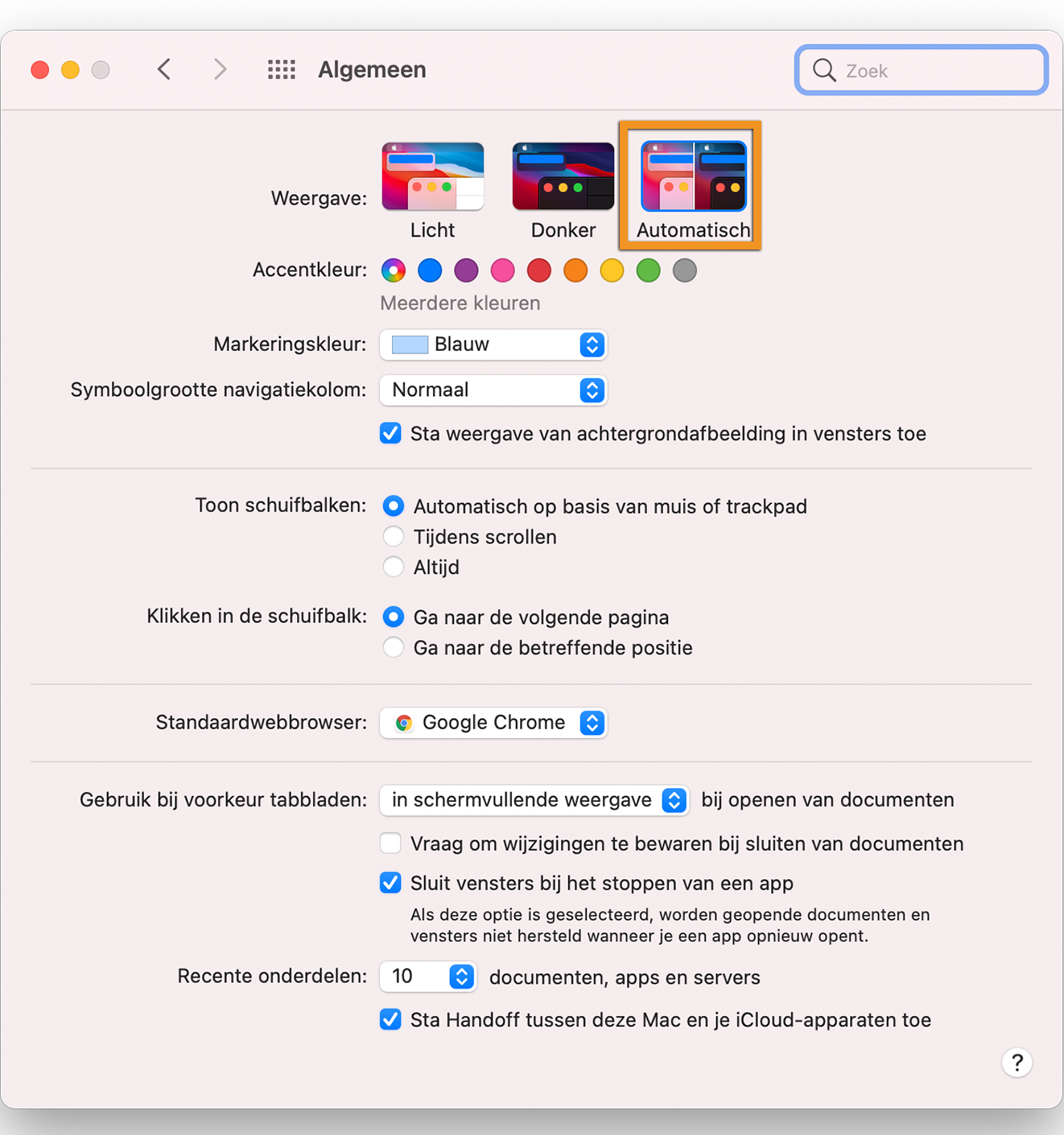 Het macOS-thema ingesteld op Auto