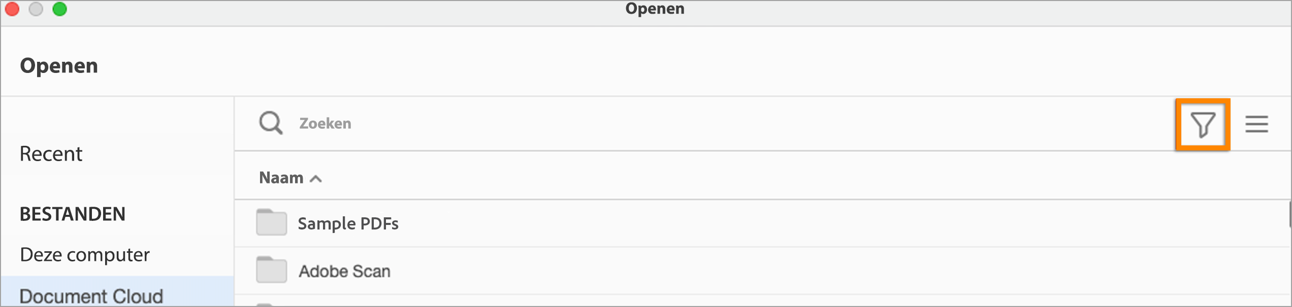Filter verwijderd uit het aangepaste dialoogvenster voor bestand openen in Document Cloud