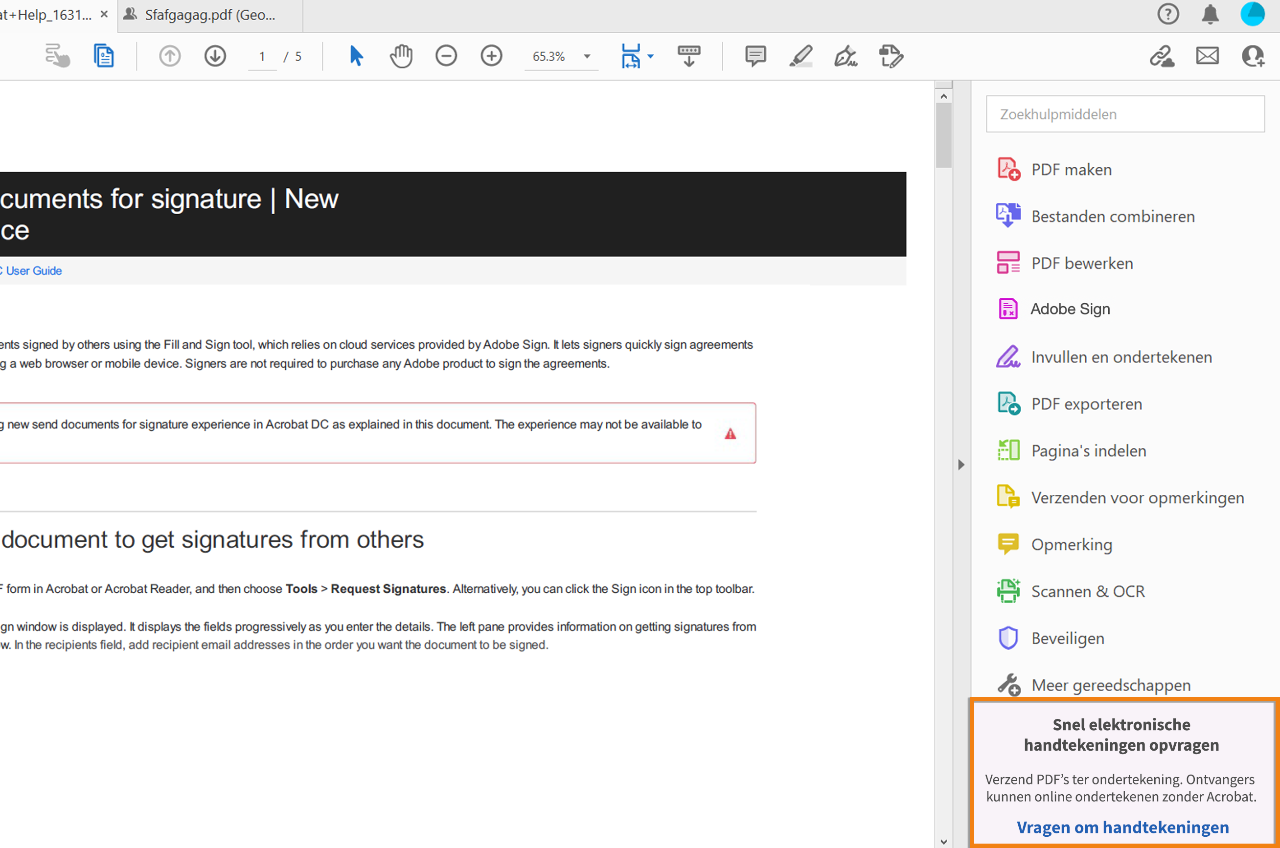 Verzoekbericht voor ondertekening in het rechterdeelvenster 