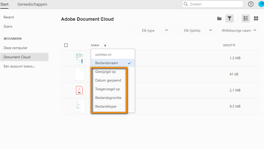 Bestanden sorteren in Document Cloud