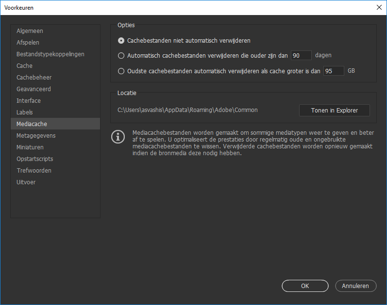 Mediacachevoorkeuren instellen