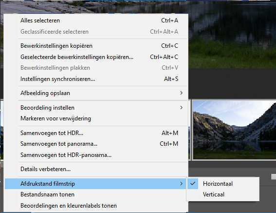 Het contextmenu van de filmstrip
