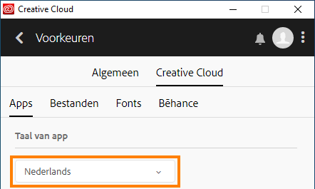 Optie Taal van app in het tabblad Creative Cloud