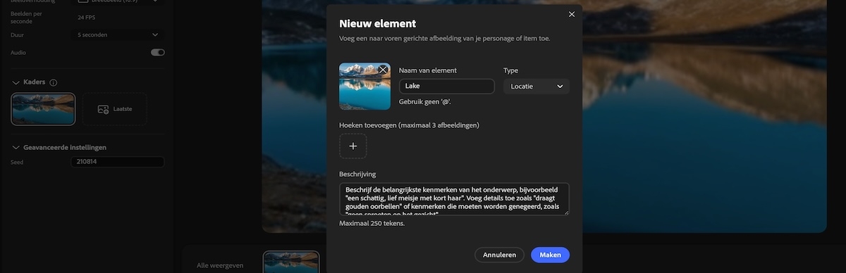 Deelvenster Nieuw element met velden voor naam, type, referentieafbeelding, hoeken en beschrijvingsinvoer.