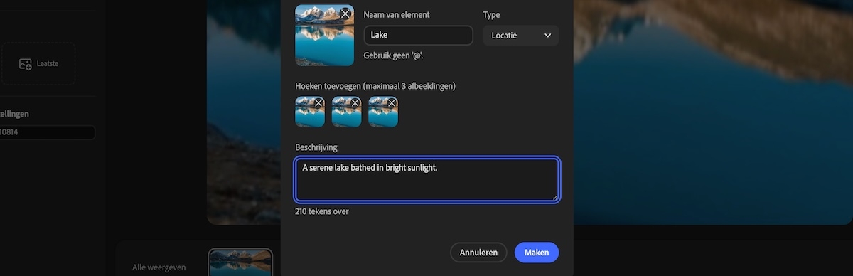 Deelvenster Nieuw element met selectie van het elementtype, hoekafbeeldingen toegevoegd en een beschrijving toegevoegd in het beschrijvingsveld.