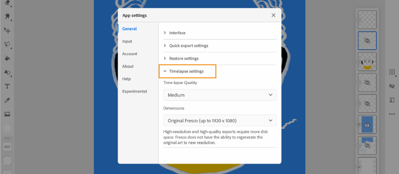 timelapse-instellingen voor grootte en compressie