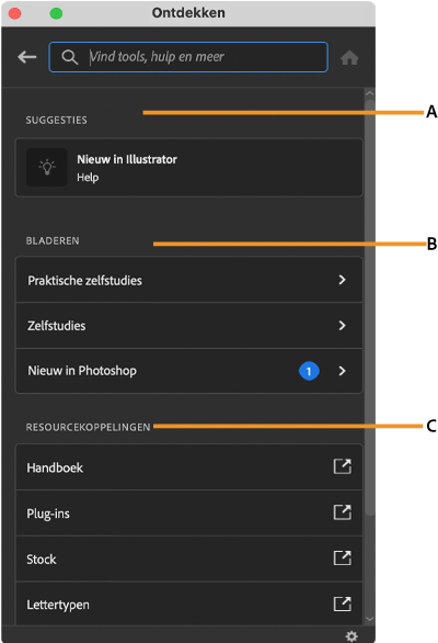 De interface van het deelvenster Ontdekken in de werkruimte van Illustrator