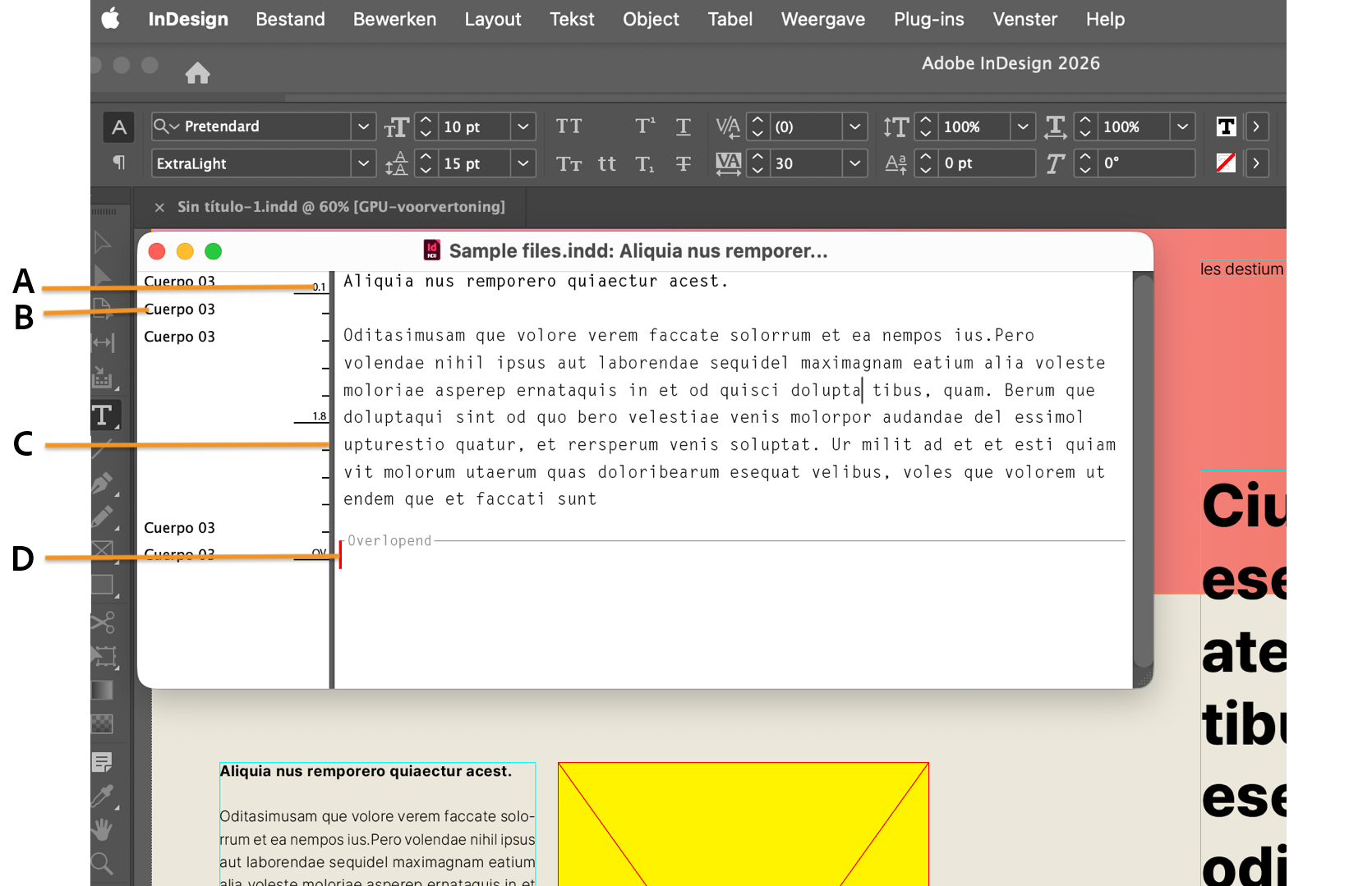 InDesign-werkruimte met het Story Editor-venster open en de verschillende onderdelen aangegeven met toelichtingen.