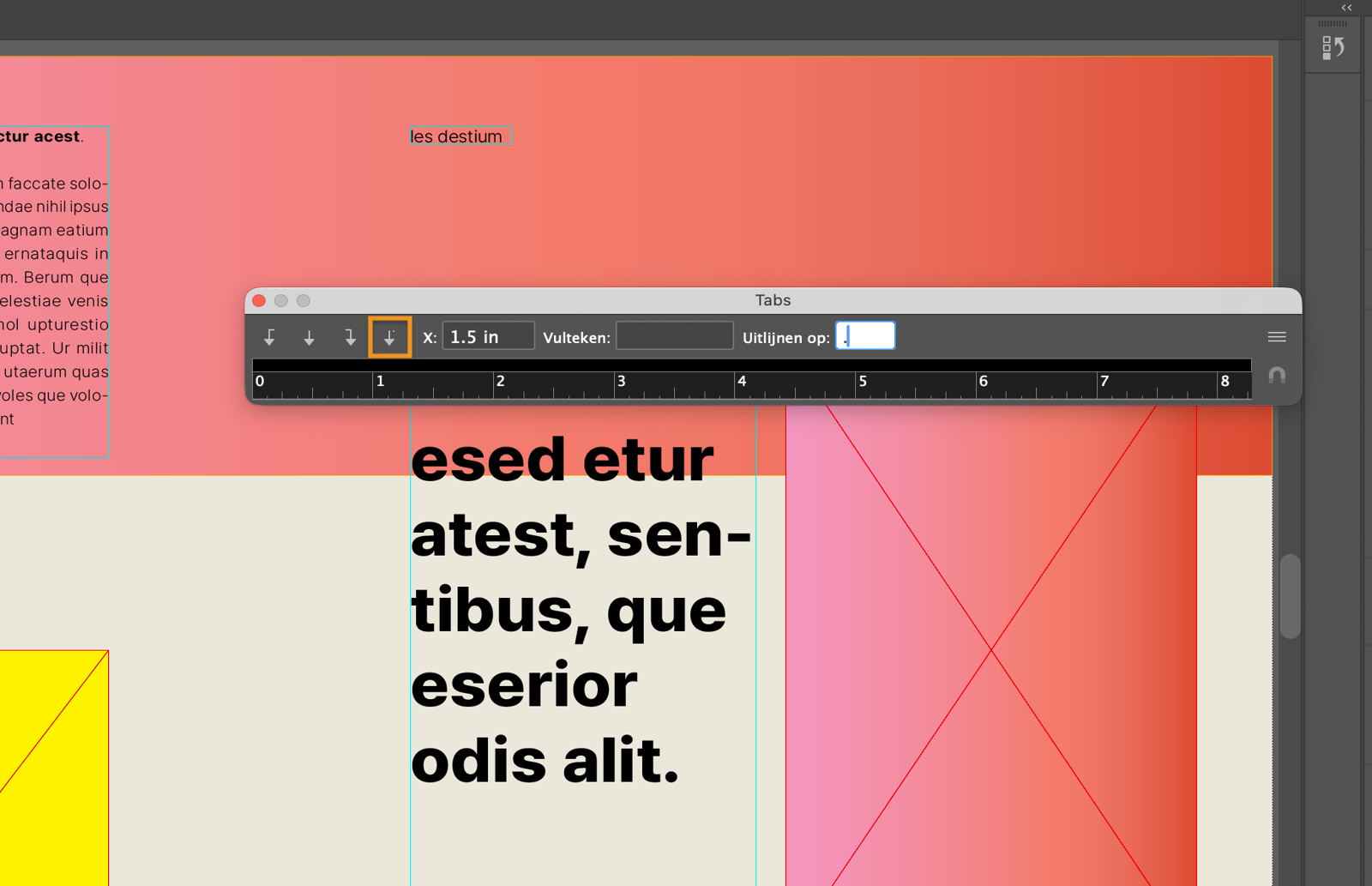 Dialoogvenster Tabs met een markering rond de tab Uitlijnen op decimaal en een punt (.)in het veld Uitlijnen op.