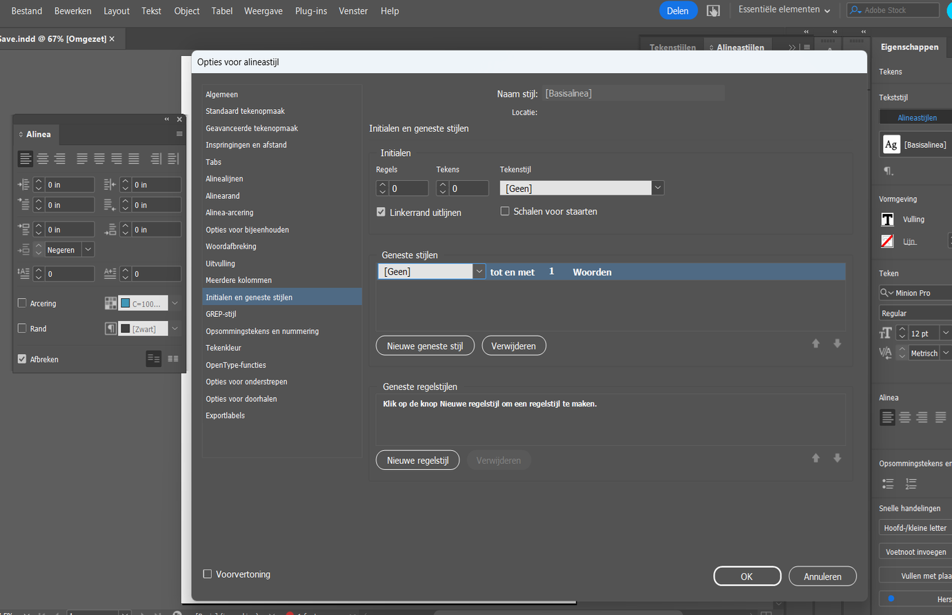 Adobe InDesign-dialoogvenster Initialen en geneste stijlen met instellingen voor geneste stijlen naast het dialoogvenster Alinea. 
