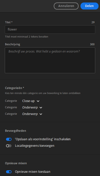 Voer de gegevens in en klik op Delen, zodat anderen uw foto opnieuw kunnen mixen.