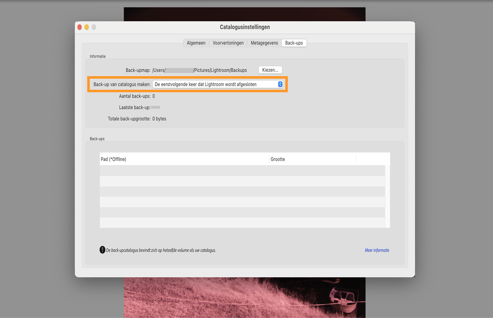 Het kiezen van de optie Back-up van catalogus maken > De eerstvolgende keer dat Lightroom wordt afgesloten Een back-up van de catalogus maken wanneer Lightroom de eerstvolgende keer wordt afgesloten