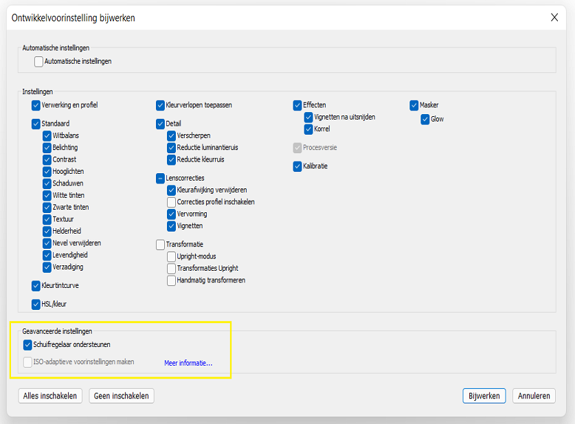 Schuifregelaar ondersteuningshoeveelheid