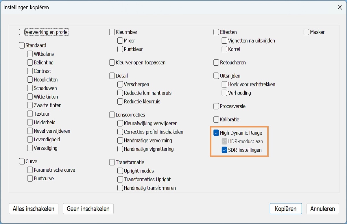 Instellingen kopiëren/plakken voor HDR