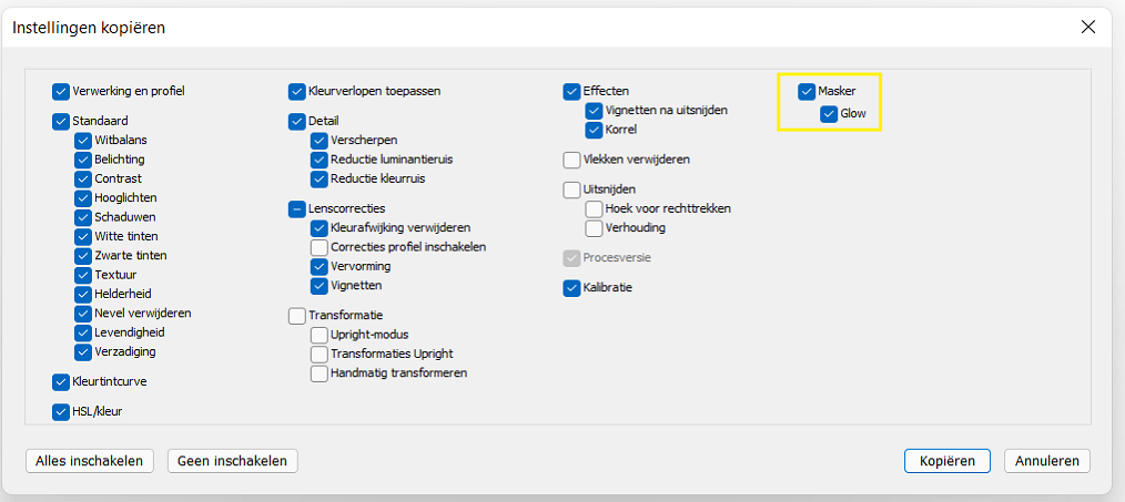 Instellingen voor Maskerkopie