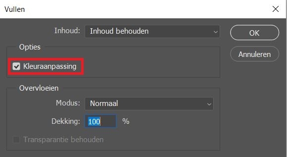Vullen met behoud van inhoud met Kleuraanpassing