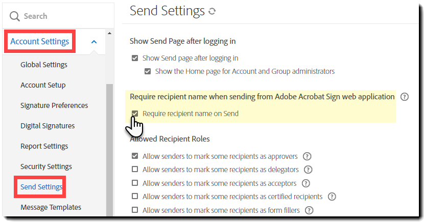Navigeren om Naam van de ontvanger vereisen in te schakelen