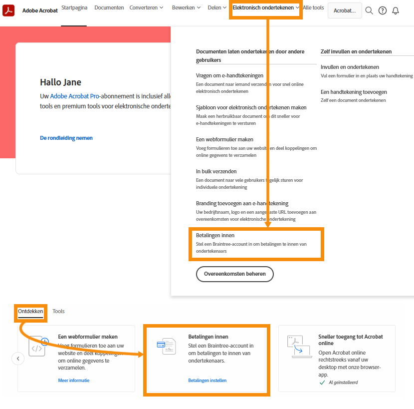 Navigeren naar het betalingsmenu