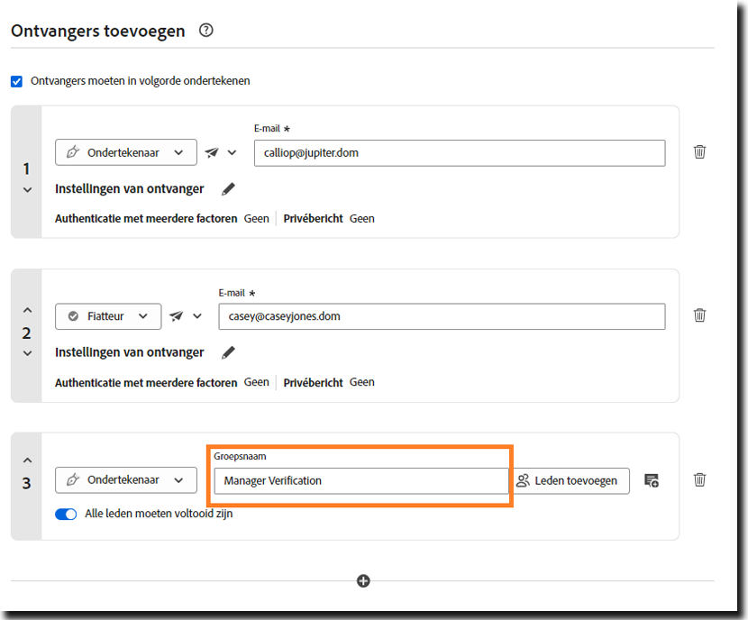 De sectie Ontvanger toevoegen onder Handtekeningen aanvragen met een groepsontvanger met de groepsnaam gemarkeerd.