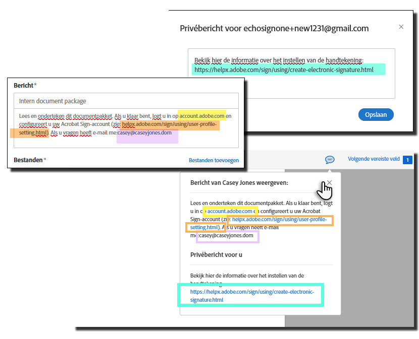 Geconfigureerde berichtvelden op de pagina elektronisch ondertekenen