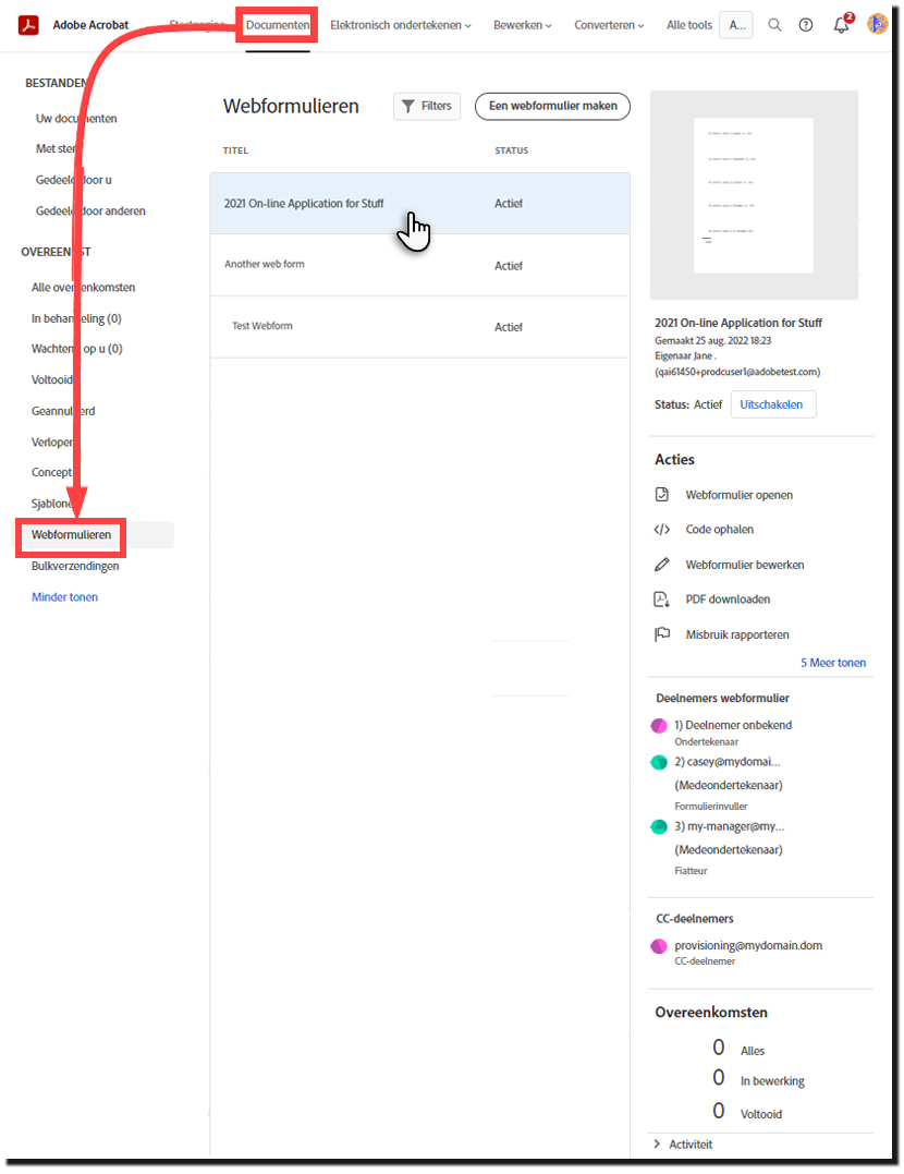 Webformulier op de pagina Beheren