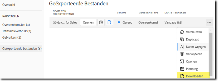 De exportrecord openen