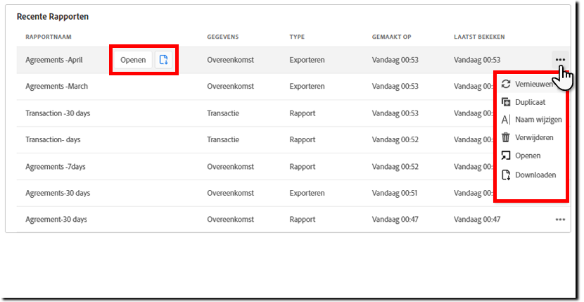 Hot buttons voor recente rapporten