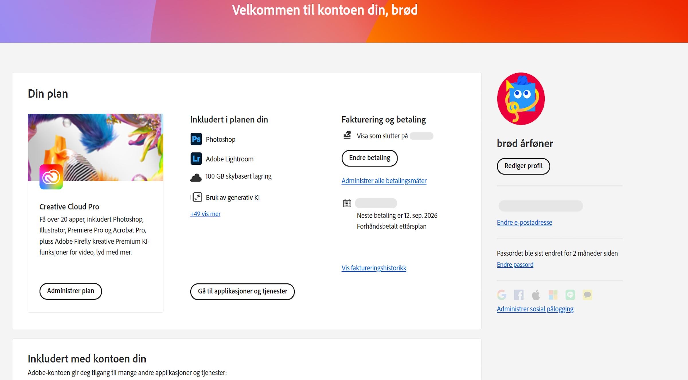Oversiktssiden for Adobe-kontoen din viser planen din med alternativer for å administrere planen, få tilgang til apper og tjenester, redigere fakturering og betaling, vise faktureringshistorikken, redigere profilen og mye mer. 