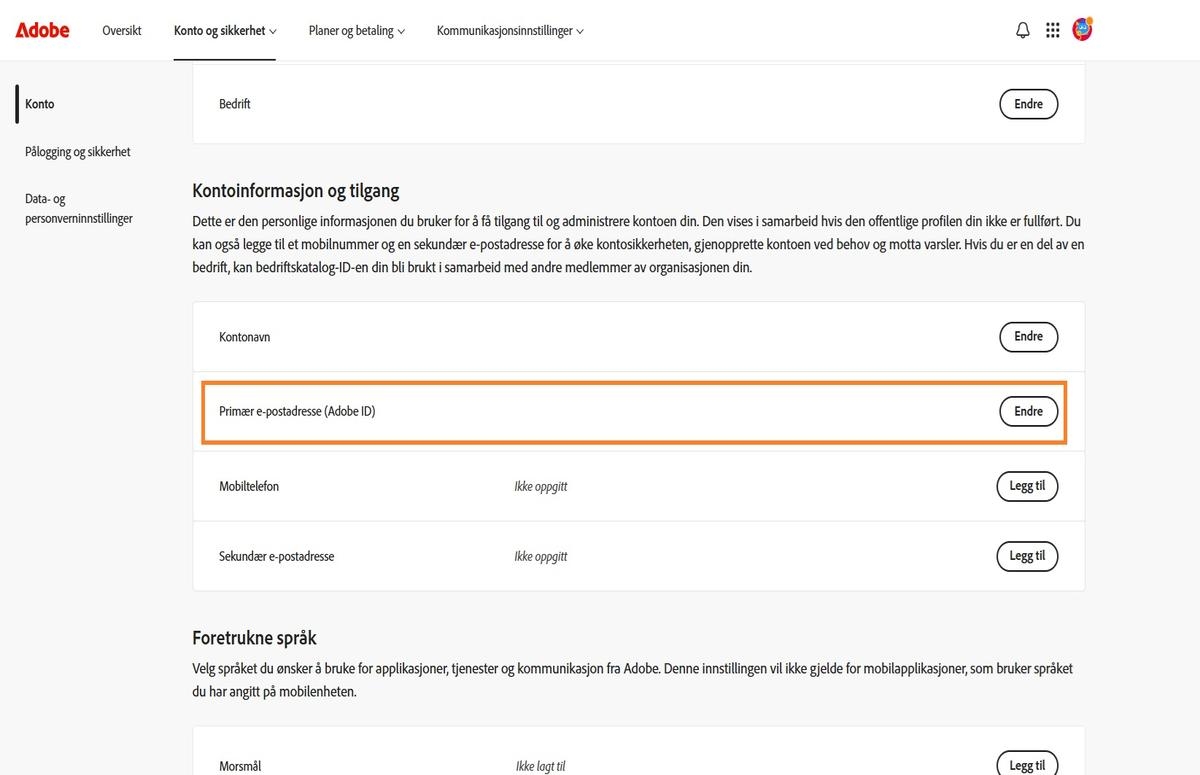 Området Primær e-post (Adobe ID), som ligger under Kontoinformasjon og tilgang i Konto-fanen, viser e-postadressen som er knyttet til Adobe-kontoen din.