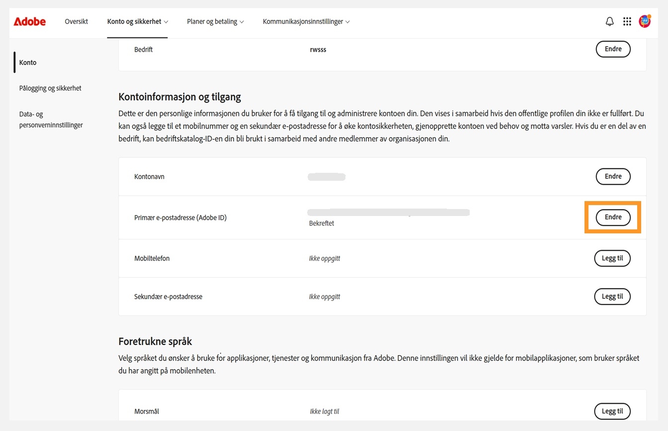 Fanen Konto og sikkerhet, der knappen Endre for Hoved-e-postadresse (Adobe-ID) er uthevet under Kontoinformasjon og tilgang.