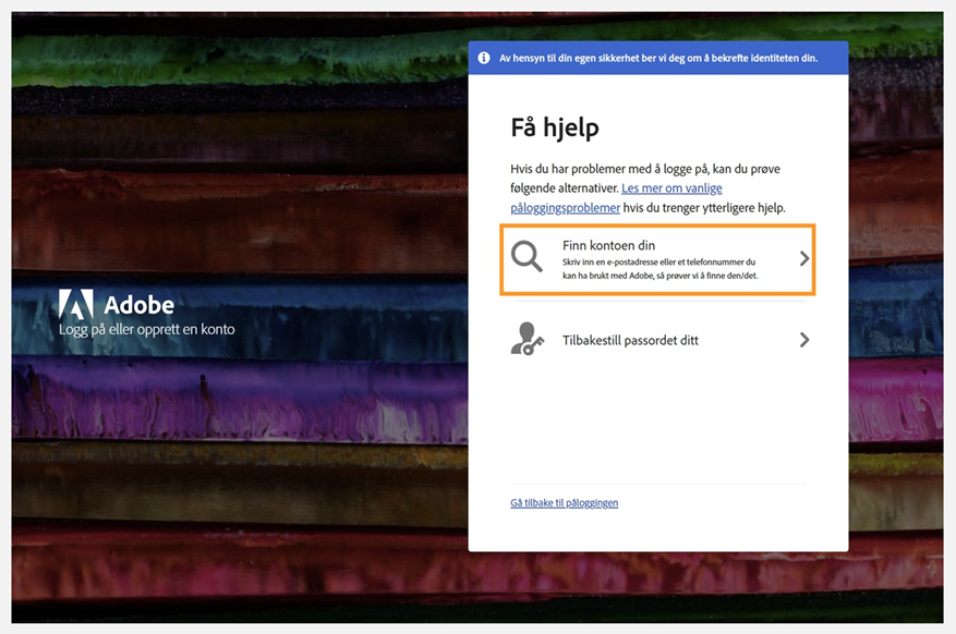 Adobes skjermbilde for påloggingshjelp viser panelet Få hjelp med alternativet Finn kontoen din uthevet og Tilbakestill passordet oppført nedenfor.