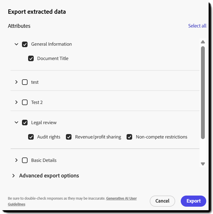 Panelet «Eksporter ekstraherte data» med flere attributter valgt for eksport.