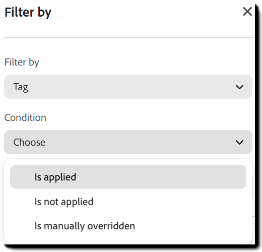 Filter-grensesnittet med "Merkekoding"-filteret valgt og "Betingelse"-menyen utvidet.