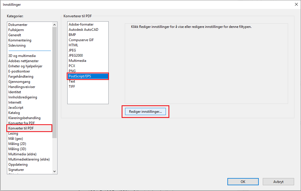 Innstillinger for Postscript til PDF-konvertering