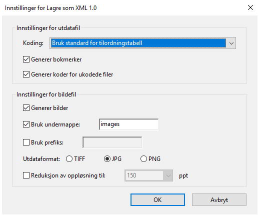 Innstillinger for Lagre som XML