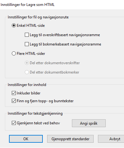 Innstillinger for Lagre som HTML