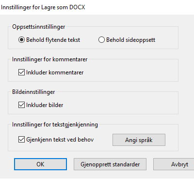 Innstillinger for Lagre som DOCX