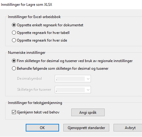 Innstillinger for Lagre som XLSX