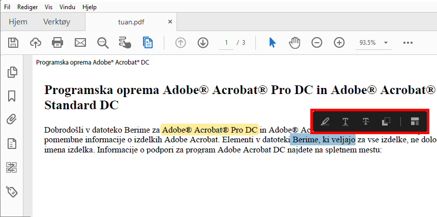 Handlinger på merket tekst