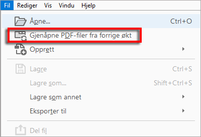 Gjenåpne PDF-filer fra forrige økt