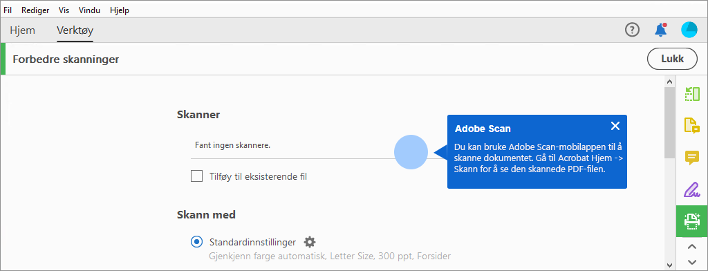 Kontekstavhengig tips om å bruke Adobe Scan-mobilappen hvis det ikke blir funnet noen skanner