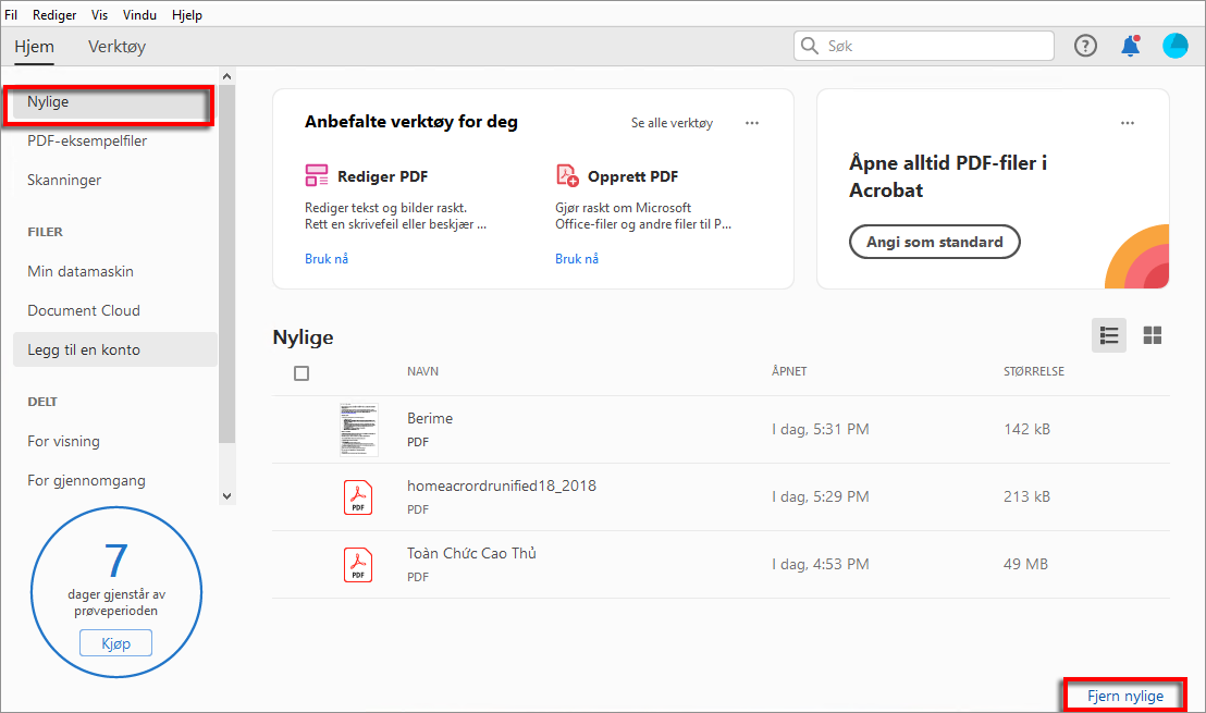Fjerne sist brukte filer