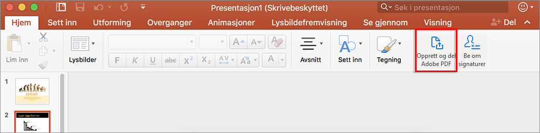 Opprett og del PDF-filer fra Word eller PowerPoint på Mac