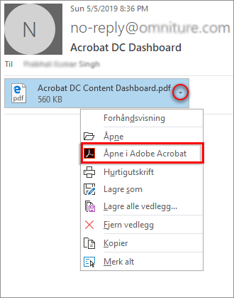 Åpne i Acrobat fra nedtrekkslisten for vedlegget
