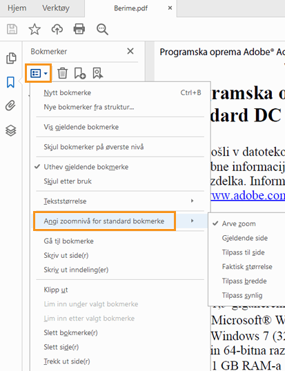 Angi standard zoomnivå for bokmerker Angi standard zoomnivå for bokmerker