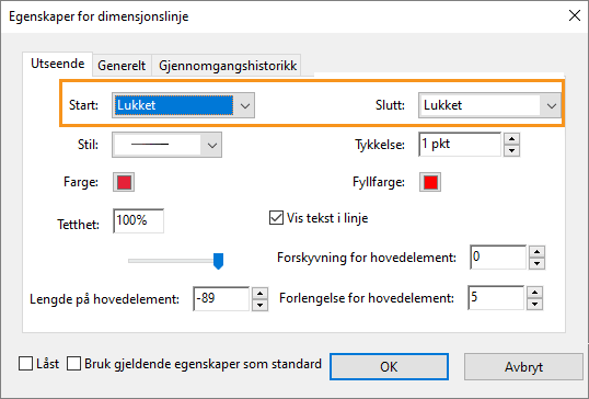 Egenskaper for dimensjonslinje Egenskaper for dimensjonslinje