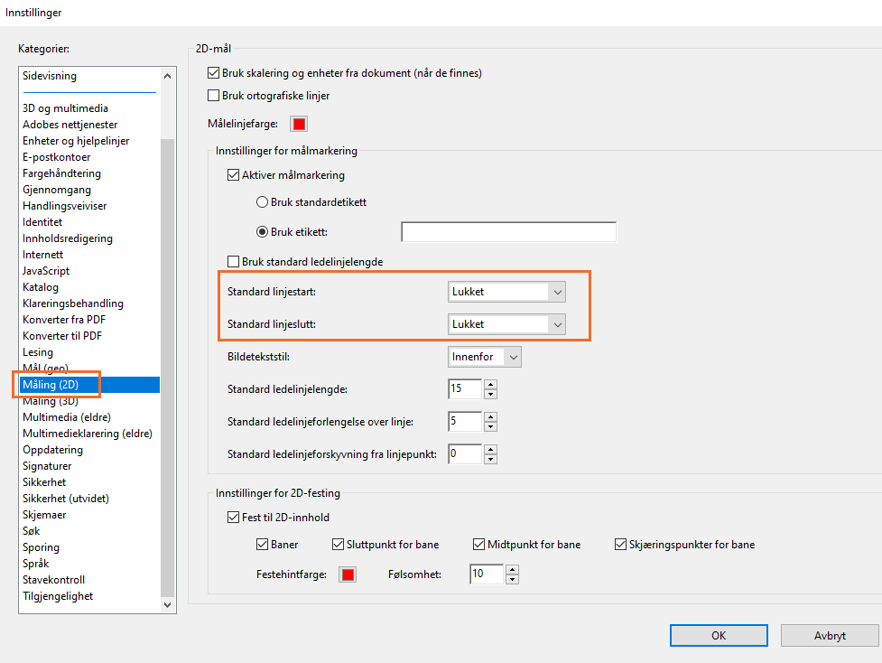 Acrobat-preferanse for standard linjeslutt Acrobat-preferanse for standard linjeslutt