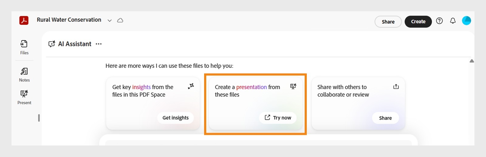 Et PDF Space i acrobat Studio viser foreslåtte hjelpetekster, der hjelpeteksten for å opprett en presentasjon fra filene er uthevet i oransje.